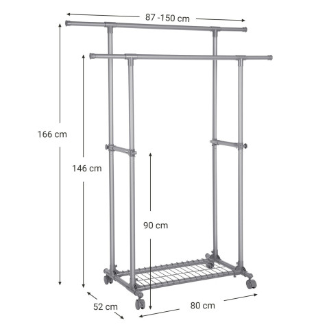 Portant double barre porte-vêtements mobile extensible entre 87 à 150 cm avec roulettes et étagère de rangement capacité de charge 70 kg pour manteaux écharpes gris 