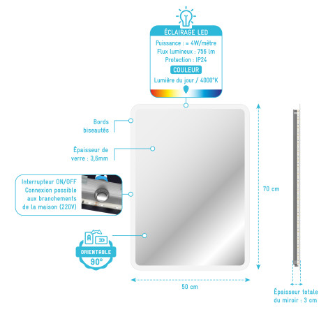 Miroir rectangle - 50x70x4cm go rectangular led 50