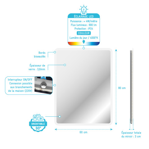 Miroir salle de bain avec eclairage LED – 60x80cm – GO LED Aurlane - MIR040