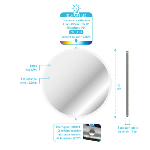 Miroir led ip24 réversible - 70x70cm go round led 70 Aurlane - MIR044