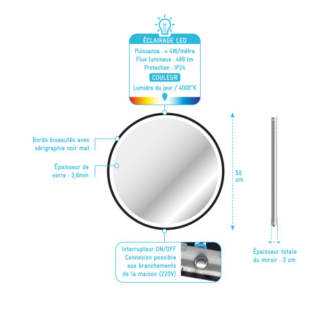 Miroir rond - 50x50x4cm - go led round 50 Aurlane - MIR052