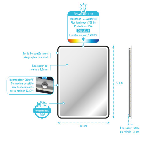 Miroir rond - 50x70x4cm - go led rectangular 50