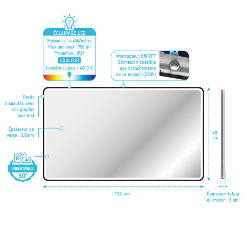 Miroir rectangle - 120x70x4cm - go led rectangular 120
