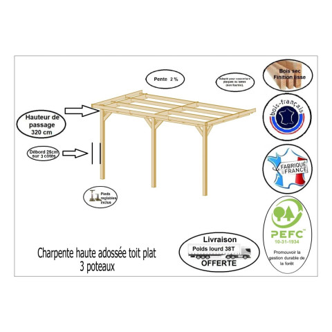 Abri toit plat adosse, 350cmx700cm, bois douglas francais, carport, auvent, abri camping-car, cpbf-cctpa350x700