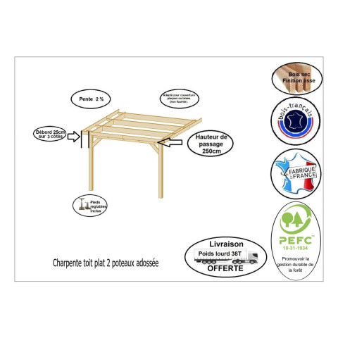 Abri toit plat adosse, 350cmx1150cm, bois douglas francais, carport, auvent, abri voiture, cpbf-vtpa350x1150