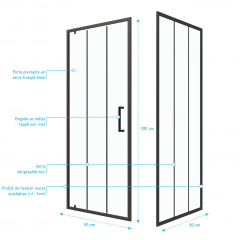 Pack paroi porte de douche serigraphiee - 80x200cm + paroi retour - 80x200 cm - porte pivotante