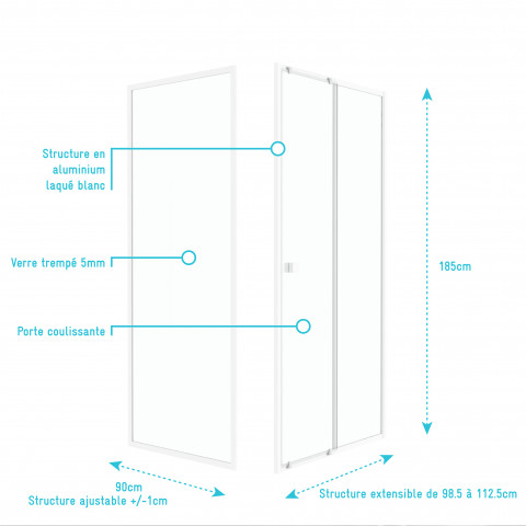 Pack porte de douche coulissante blanc 100x185cm + retour 90 verre transparent 5mm - whity slide 100