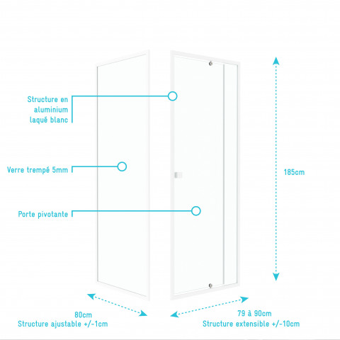Pack porte de douche pivotante blanc de 80 à 90x185cm + retour 80 verre 5mm - whity pivot 80-90