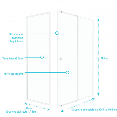 Pack porte de douche coulissante blanc 140x185cm + retour 90 verre transparent 5mm - whity slide