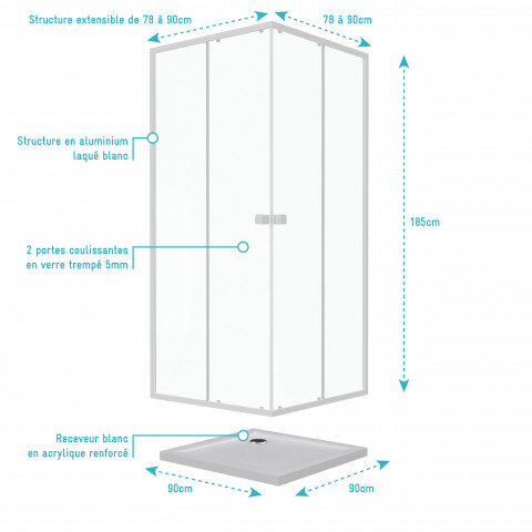 Pack porte de douche coulissante blanc de 78 à 90x185cm + receveur 90x90 - whity slide Aurlane - PACF031