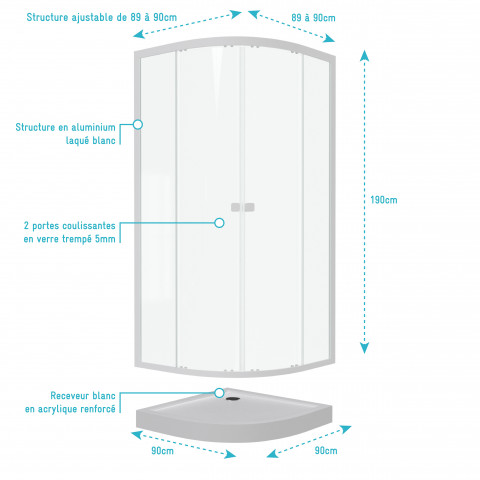 Pack porte de douche coulissante blanc de 89 à 90x190 cm + receveur - whity round slide Aurlane - PACF033
