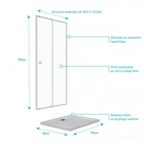 Pack porte de douche coulissante blanc 100x185cm - extensible + receveur 80x100 - whity slide Aurlane - PACF035