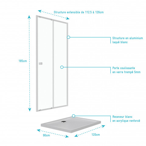 Pack porte de douche coulissante blanc 120x185cm + receveur 90x120 - whity slide