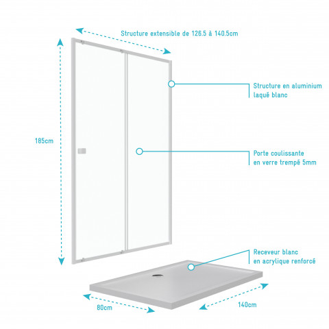 Pack porte de douche coulissante blanc 140x190cm + receveur 80x140 - whity slide