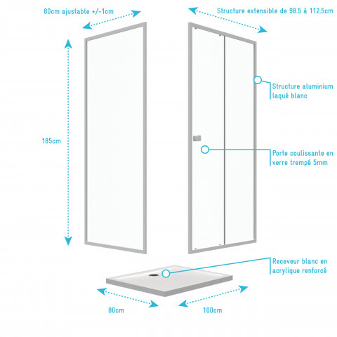 Pack porte de douche coulissante blanc 100x185 cm + paroi de retour 80cm + receveur à poser - whity Aurlane - PACF044