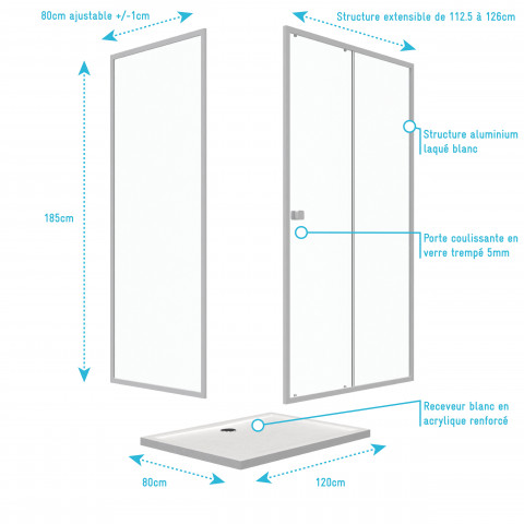 Pack porte de douche coulissante blanc 120x185 cm + paroi de retour 80cm + receveur à poser - whity Aurlane - PACF045
