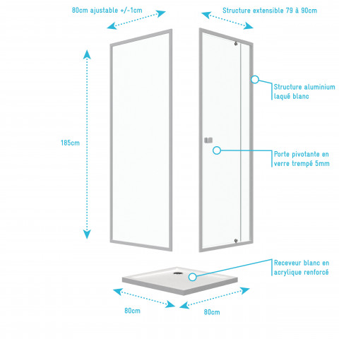 Pack porte de douche pivotante blanc extensible 79 à 90cm + paroi de retour 80 + receveur a poser