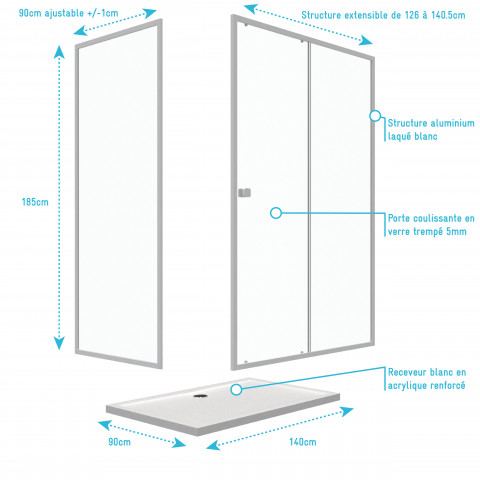 Pack porte de douche coulissante blanc 140x185 cm + paroi de retour 90cm + receveur à poser - whity