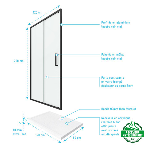 Pack paroi porte de douche + receveur a poser - 120x80 coulissante -crush moon 120x80 Aurlane - PACF051