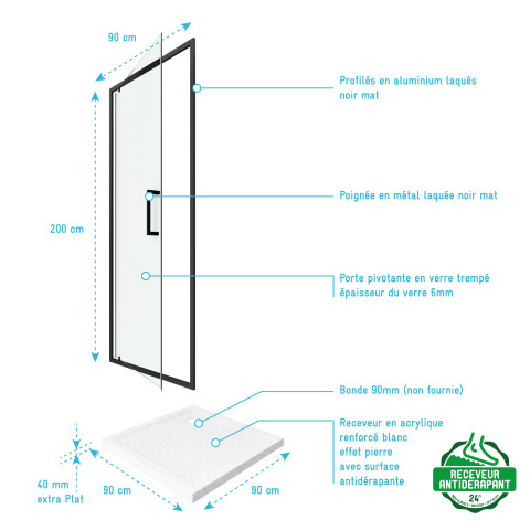 Pack paroi porte de douche pivotante+ receveur a poser - 90x90 pivotante -crush moon pivotante 90x90 Aurlane - PACF054