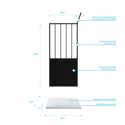 Pack paroi de douche 90x200 cm noir mat - verre trempe 5 mm + receveur a poser extra plat 90x90