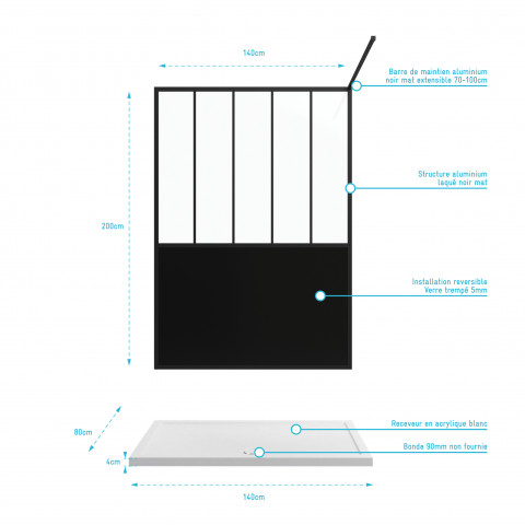 Pack paroi de douche 140x200 cm noir mat - verre trempe 5mm + receveur a poser rectangle - 140x80cm Aurlane - PACF058
