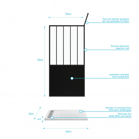 Pack paroi de douche 100x200 cm noir mat + receveur extra plat à poser 100x80 blanc effet pierre caniveau Aurlane - PACF063