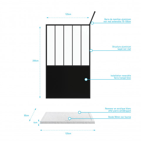 Pack paroi de douche 120x200 cm noir mat + receveur a poser rectangle blanc - finition pierre