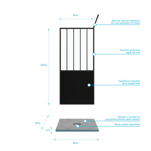 Pack paroi de douche 90x200 cm noir mat + receveur haut a poser 90x90cm - blanc effet pierre Aurlane - PACF072