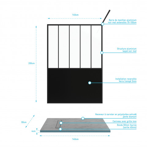 Pack paroi de douche 140x200 cm noir mat + receveur de douche a carreler 90x140cm recoupable Aurlane - PACF076
