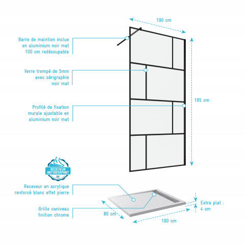 Pack paroi de douche 100x195 cm + receveur en acrylique blanc effet pierre 100x80 Aurlane - PACF094