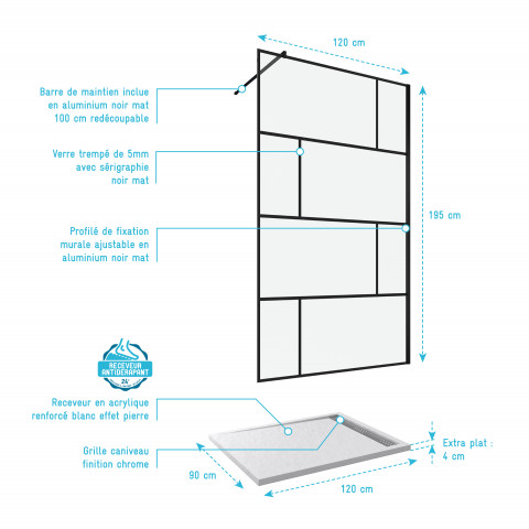 Pack paroi de douche 120x195 cm + receveur en acrylique blanc effet pierre 120x90 Aurlane - PACF096