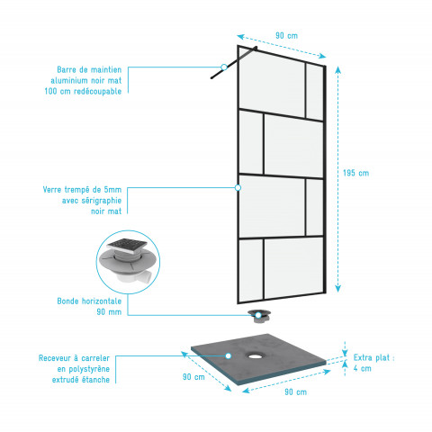 Pack paroi de douche 90x195 cm + receveur en acrylique blanc effet pierre 90x90 + bonde horizontale Aurlane - PACF098