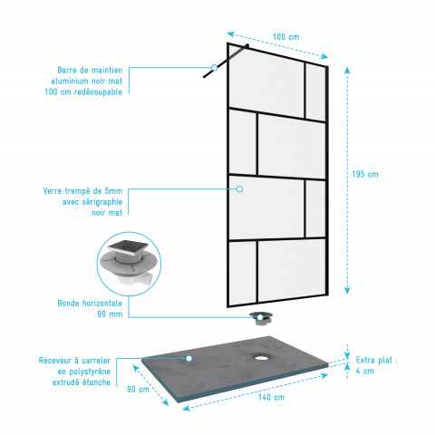 Pack paroi de douche 100x195 cm + receveur a carreler 90x140 recoupable - bonde verticale Aurlane - PACF101