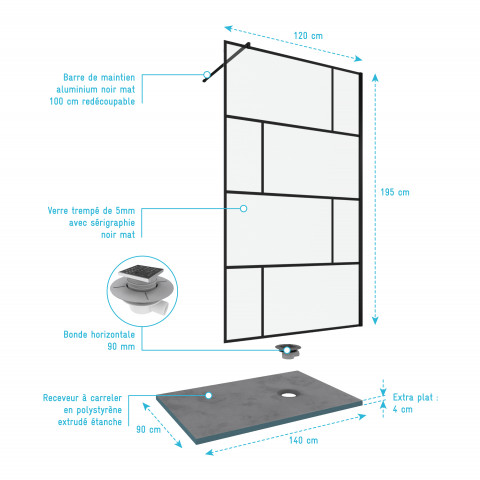 Pack paroi de douche 120x195 cm + receveur de douche a carreler 90x140 recoupable Aurlane - PACF102