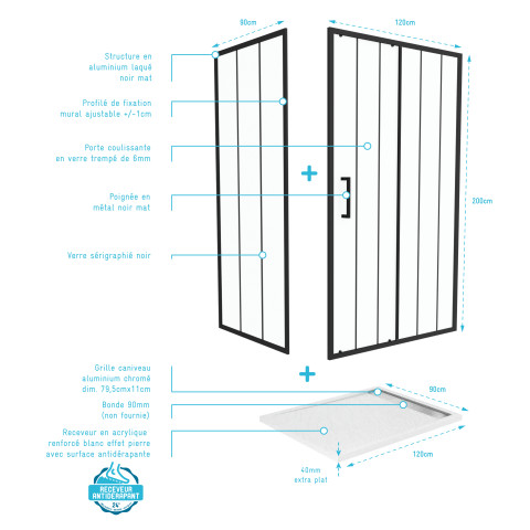 Porte coulissante et retour avec sérigraphie noire 120x90x200 cm + receveur blanc effet pierre