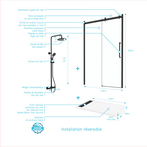 Porte de douche coulissante "industriel" 120x200 + receveur blanc + colonne de douche thermostatique