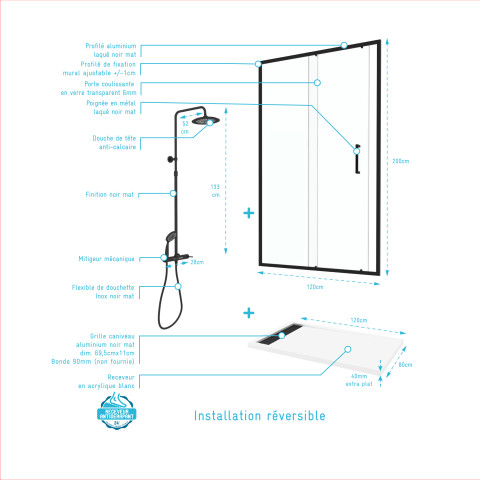 Porte de douche coulissante 120x200 cm profil noir et receveur blanc + colonne de douche mécanique Aurlane - PACF286
