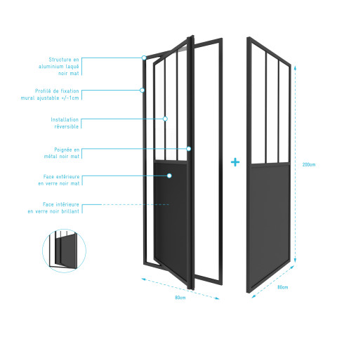 Pack porte de douche pivotante et retour 'type atelier' - noir mat - 80x80x200 cm Aurlane - PACF333