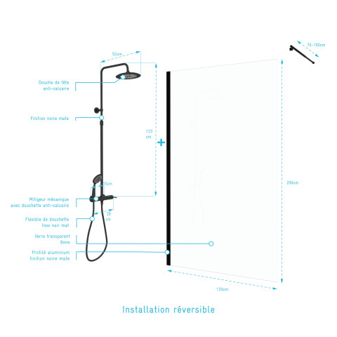 Paroi de douche 120cm verre 8mm - profilé + barre extensible + colonne de douche mécanique noir mat Aurlane - PACF342