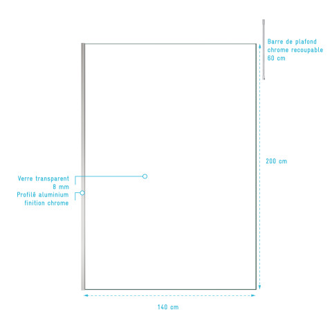 Paroi de douche 140x200cm verre transparent - profilé + barre plafond finition chrome - freedom 2
