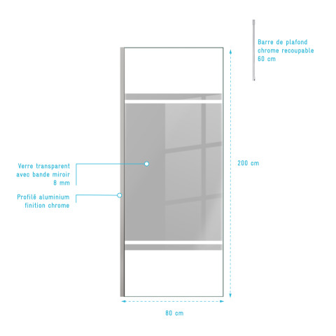 Paroi de douche 80x200cm miroir - profilé + barre plafond finition chrome - freedom 2 mirror Aurlane - PACF377