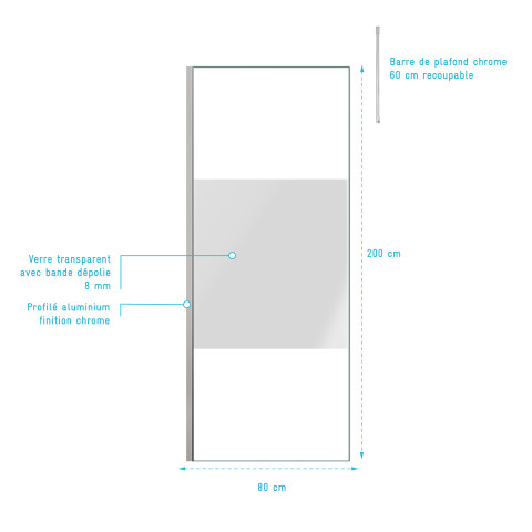 Paroi de douche 80x200cm dépolie - profilé + barre plafond finition chrome - freedom 2 frosted Aurlane - PACF381