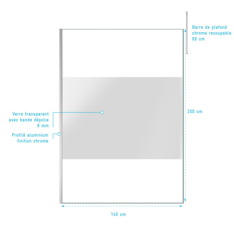 Paroi de douche 140x200cm dépolie - profilé + barre plafond finition chrome - freedom 2 frosted