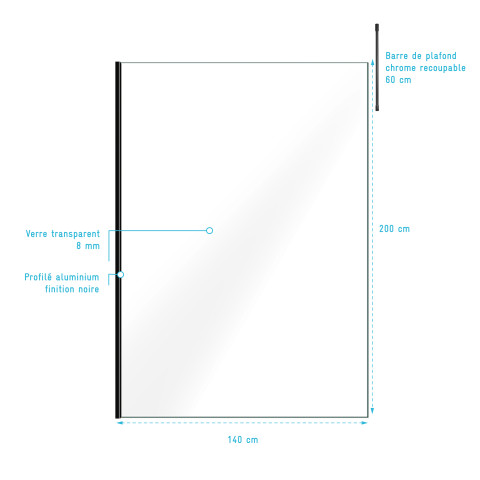 Paroi de douche 140x200cm verre transparent - profilé + barre plafond noire - freedom 2 black