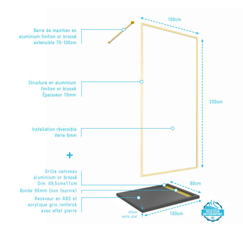 Paroi de douche 100x200cm + grille finition or doré brossé + receveur gris effet pierre 100x80x4cm Aurlane - PACF417