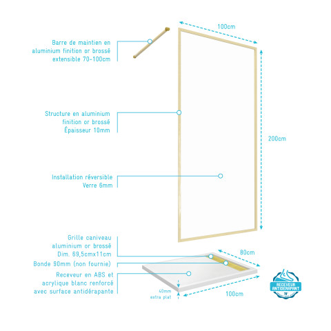 Paroi de douche 100x200cm + grille finition or doré brossé + receveur blanc 100x80x4cm Aurlane - PACF420