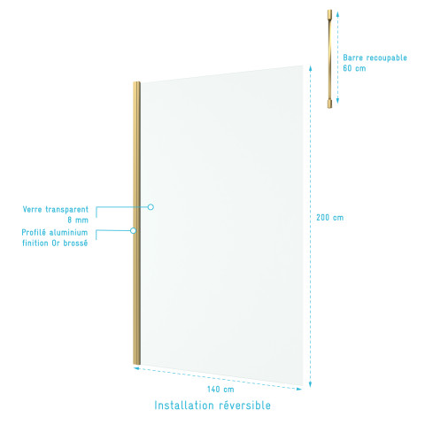 Paroi de douche 140x200cm verre 8mm - profilé + barre plafond finition or brossé - freedom 2 gold