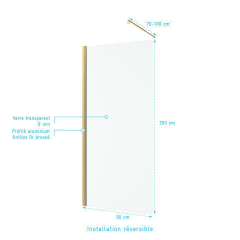 Pack paroi de douche 90x200cm verre transparent - barre de fixation extensible et profil or brossé