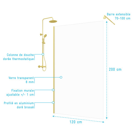 Paroi de douche 120x200cm - profilé + bras extensible + colonne de douche thermostatique or brossé